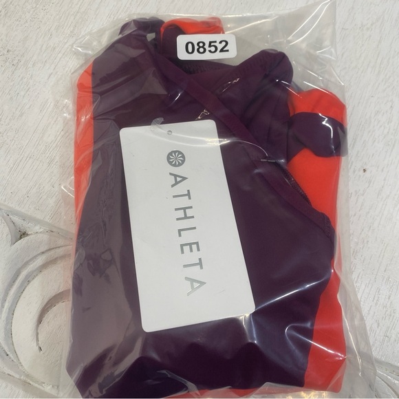 NWT Athleta Purple Orange Asymmetrical Colorblock Halter Swimsuit One-piece Sz S - Picture 8 of 8